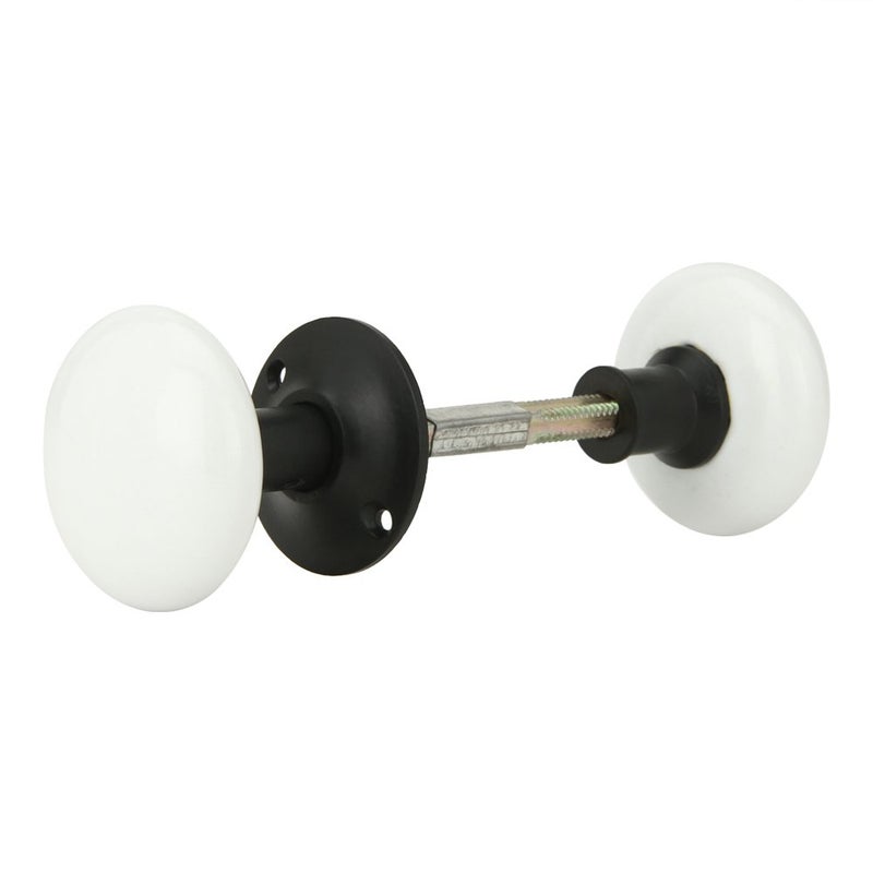 A29 Porcelain Rim Lock Door Knob Set â€“ 2 1/4" Diameter â€“ White Knobs, Black Powder Coat Finish, Spindle, Rosette & Hardware â€“ Vintage Interior Doors - Image 1
